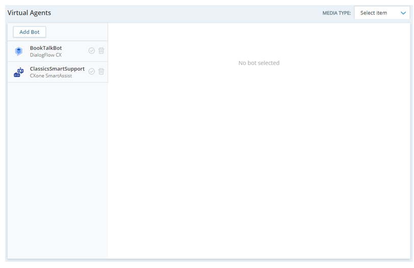 The main page of Virtual Agent Hub. Existing virtual agent configuration apps are on the left. The Add Bot button is in the top left corner.