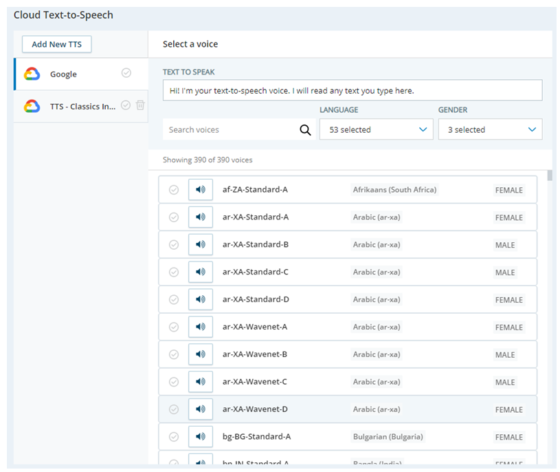 The Select a Voice page, where you can choose a voice from the ones the selected provider offers.