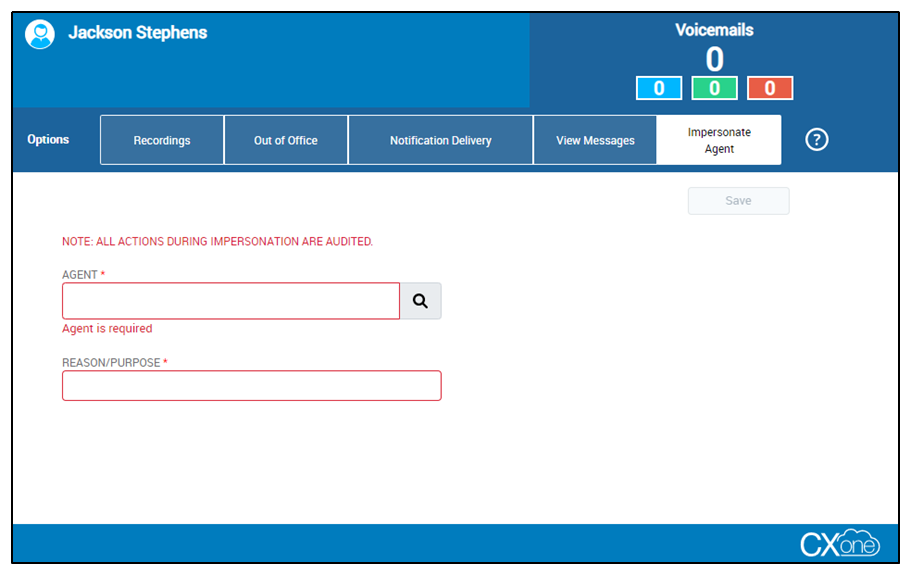 Agent field and Reason/Purpose fields you will fill out to impersonate a user