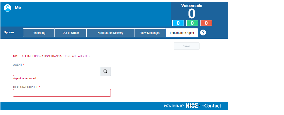 The Attendant page showing fields to impersonate a user: select an agent to impersonate and enter a reason.