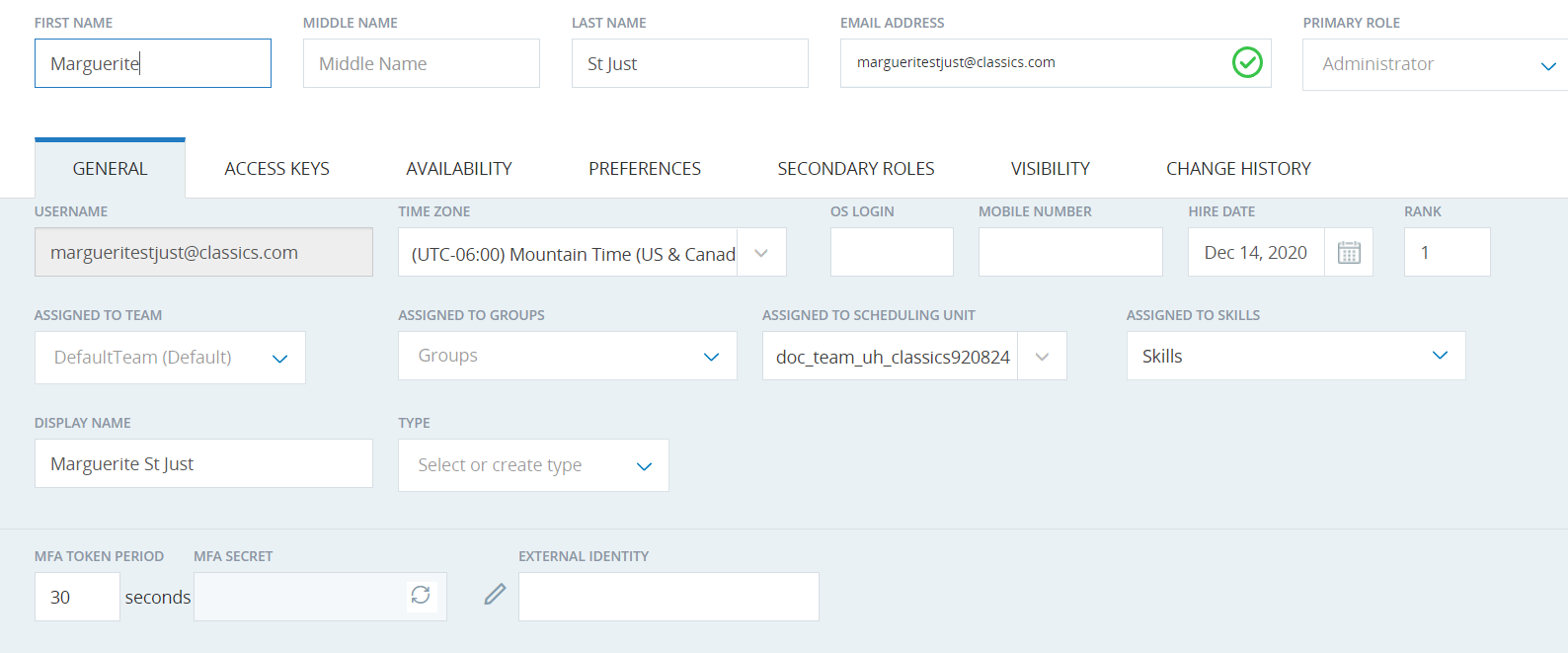 Employee record in CXone Mpower showing MFA-specific fields