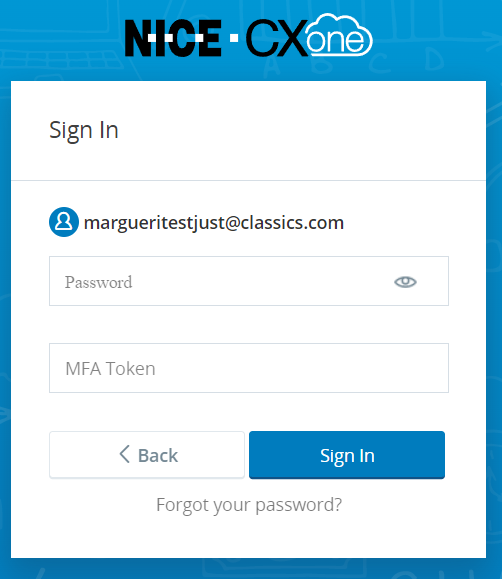 Employee password entry screen in CXone Mpower when MFA-specific fields