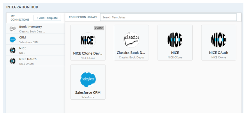 Integration Hub, showing the My Connections list on the left and the connection library on the right.