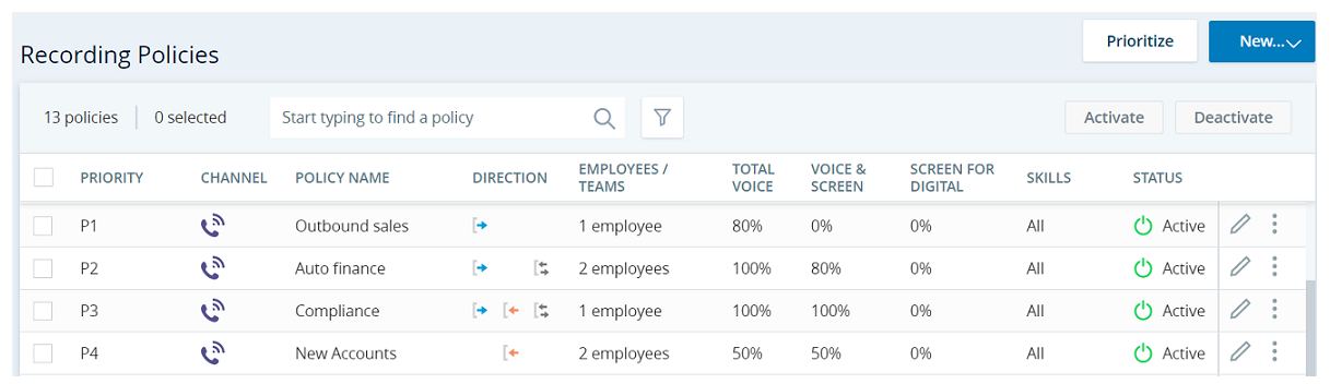 Screenshot of recording policy examples