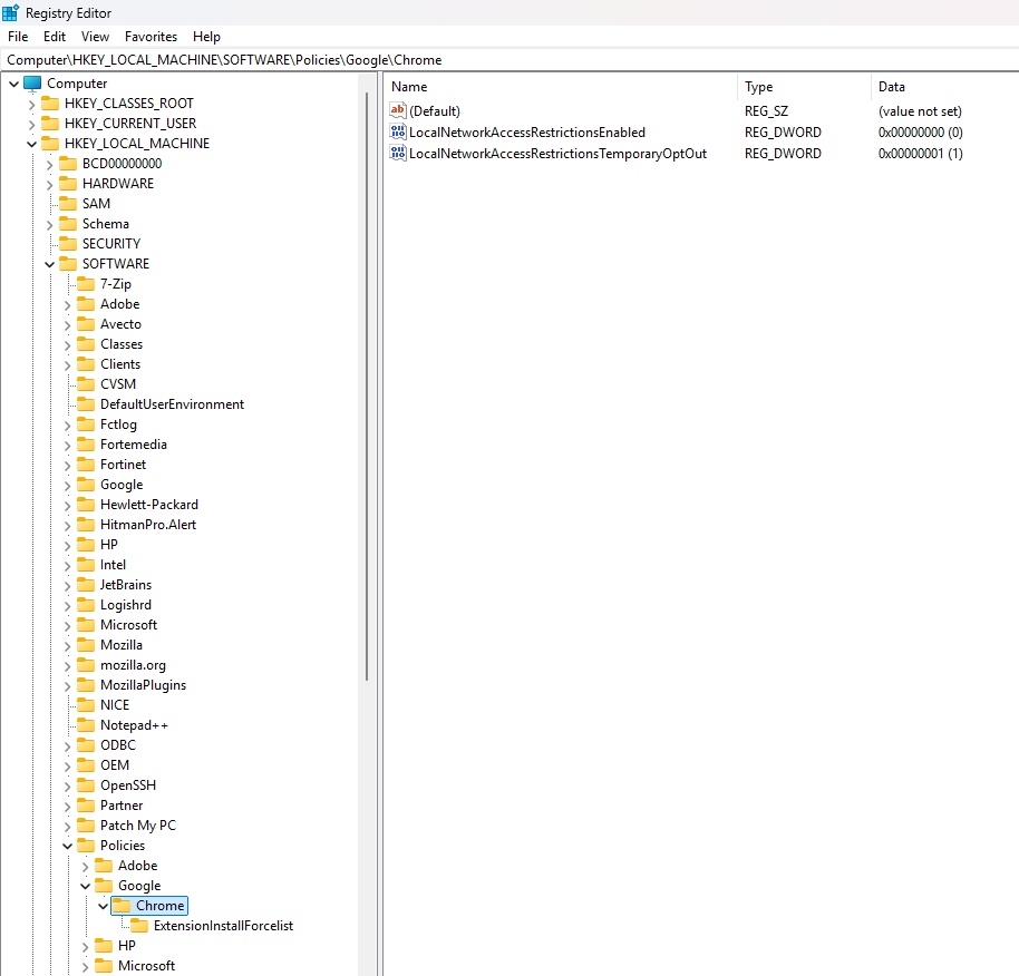 Registry Editor showing Chrome policy keys. Two entries are listed: one set to 0 and another set to 1.