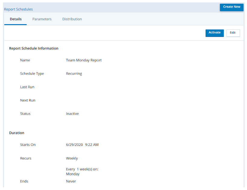 The Report Schedule page, showing the Details tab, where you can see basic information about the report schedule.