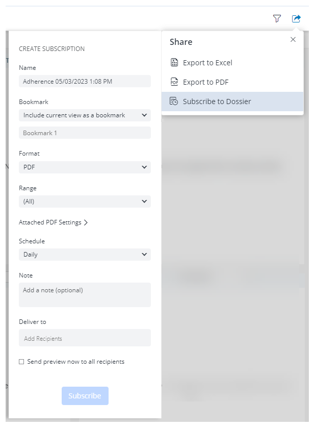 Fields to subscribe to BI a report. Includes fields Name, Bookmark, Format, Range, Schedule, and Deliver to.  