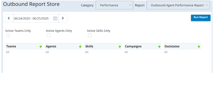 The Outbound Report Store, showing the filtering options for a selected report.