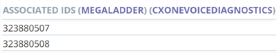 The Associated IDs table, showing associated Contact ID numbers. It also shows clickable options for Megaladder and CXone Mpower Voice Diagnostics.