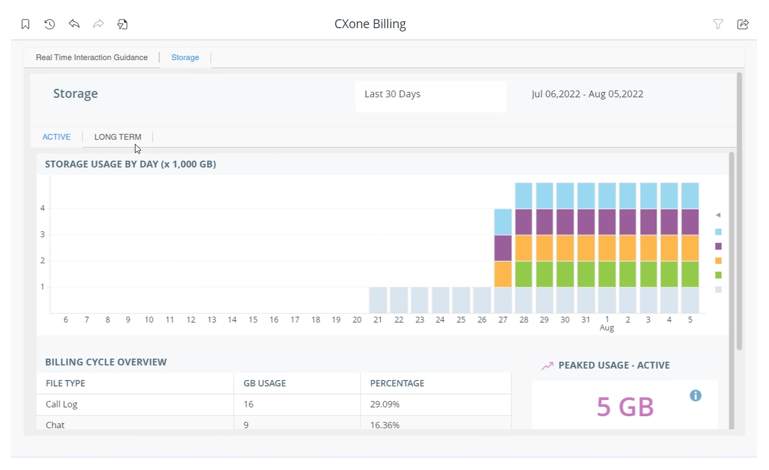 The Storage tab in the CXone Mpower Billing report, showing Storage Users by Day, Billing Cycle Overview, and Peaked Usage - Active