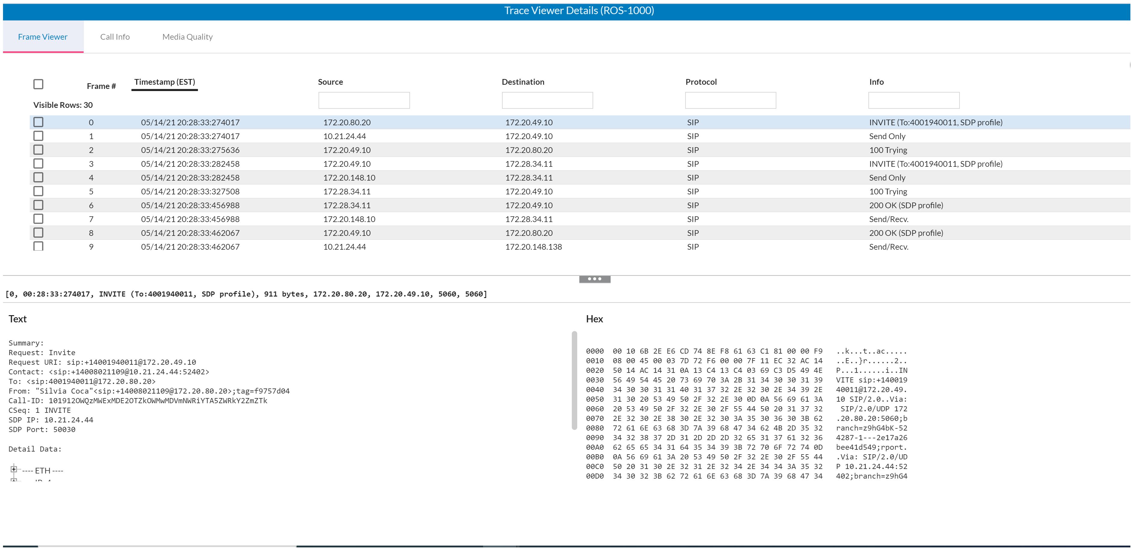 Screenshot of the Frame Viewer tab in CXone Mpower Voice Diagnostics