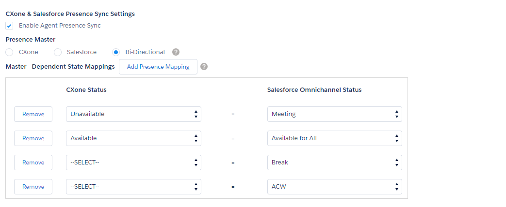 Salesforce Agent Settings, with these sections: CXone Mpower and Salesforce Presence Sync Settings, Presence Master, and Master - Dependent State Mappings.