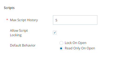 The Scripts section of the business unit Details tab in the CXone Mpower ACD application, showing the Max Script History field, which is required. 