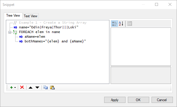 The Snippet editor window, showing the Tree View tab.