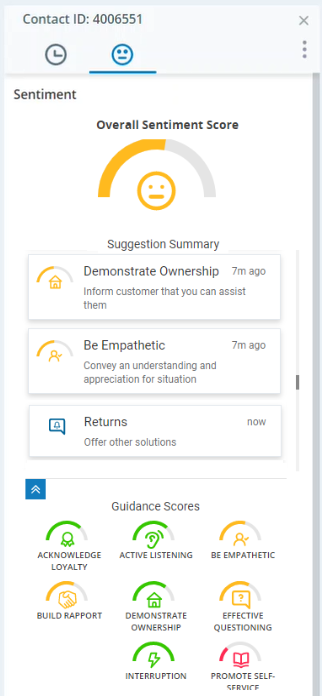 The RTIG tab, showing gauges for behaviors, alerts for behavior and phrases, and the overall sentiment gauge at the top of the tab. 