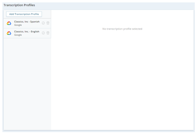 The Transcription Profiles page, where you can add a new profile or manage your existing profiles. 