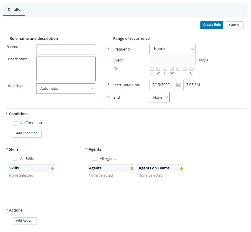 The Rule Creation page in WFI. Sections on this page include Rule name and description, Range of recurrence, Conditions, Skills, Agents, and Actions.