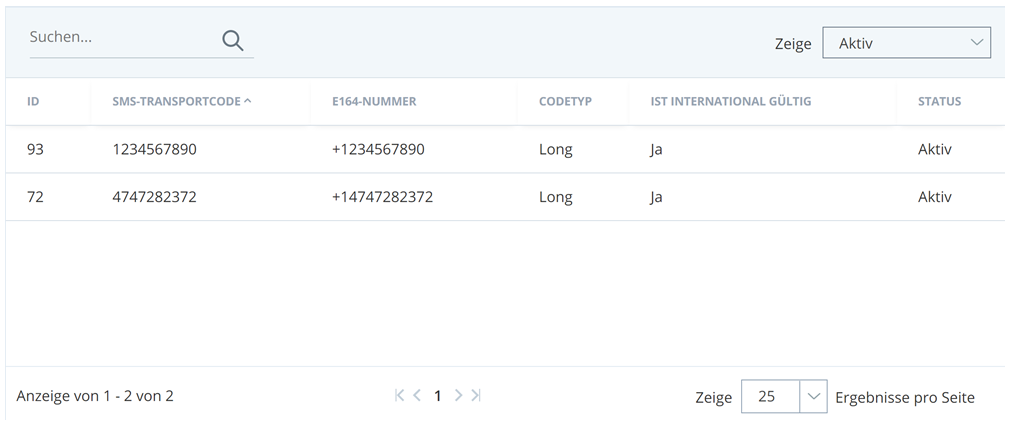 Screenshot der SMS-Registrierungsliste