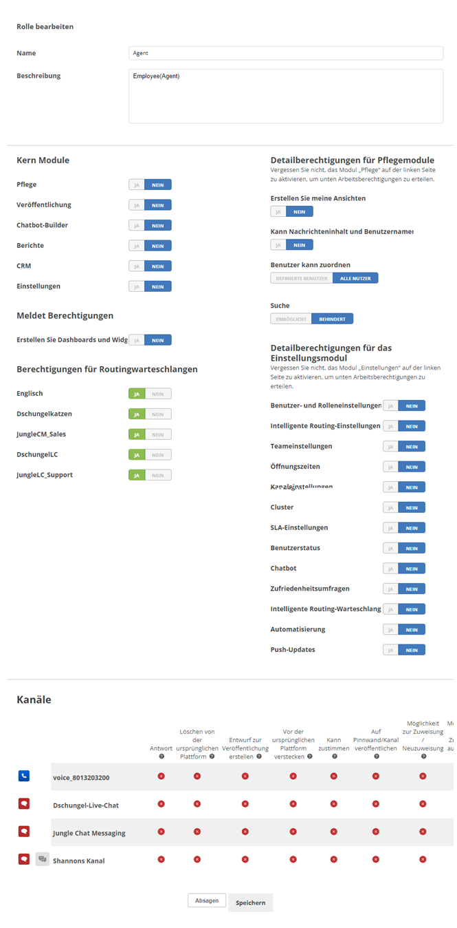 Die Seite "Rolle bearbeiten", auf der die Berechtigung "Routing-Warteschlange" und die Berechtigung "Kanäle" angezeigt werden.