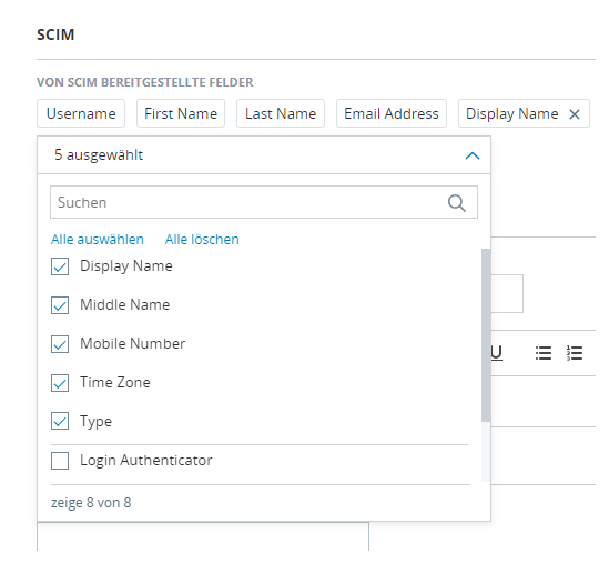Bilder der Seite "Kontoeinstellungen verwalten" mit einer Drop-down-Liste für von SCIM bereitgestellte Felder.