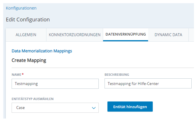 Die Registerkarte "Datenzuordnung" der Konfigurationsseite in CXone Mpower mit den Feldern "Name", "Beschreibung" und "Entitätstyp auswählen" sowie einer Schaltfläche "Entität hinzufügen".