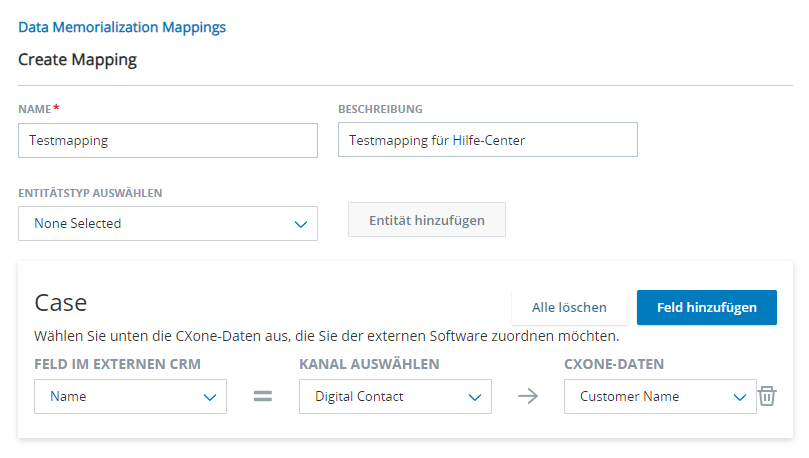 Die Registerkarte "Datenzuordnung" mit einem Kasten für einen Entitätstyp "Fall" und einen Entitätstyp "Konto". Jeder Kasten enthält die Felder "Externes CRM", "Kanal auswählen" und "CXone Mpower-Datenfeld".