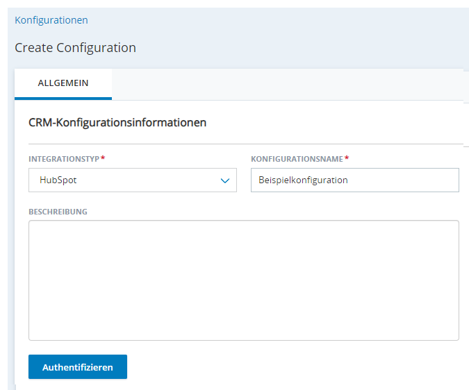 Die Seite Neue Integration erstellen in Agent-Integrationen mit Feldern für Integrationstyp, Konfigurationsname und Beschreibung.