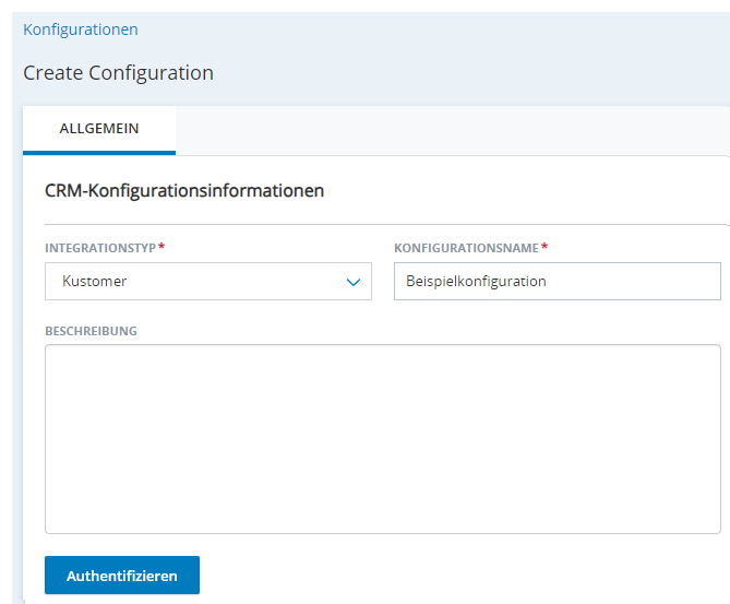 Die Seite Neue Integration erstellen in Agent-Integrationen mit Feldern für Integrationstyp, Konfigurationsname und Beschreibung.