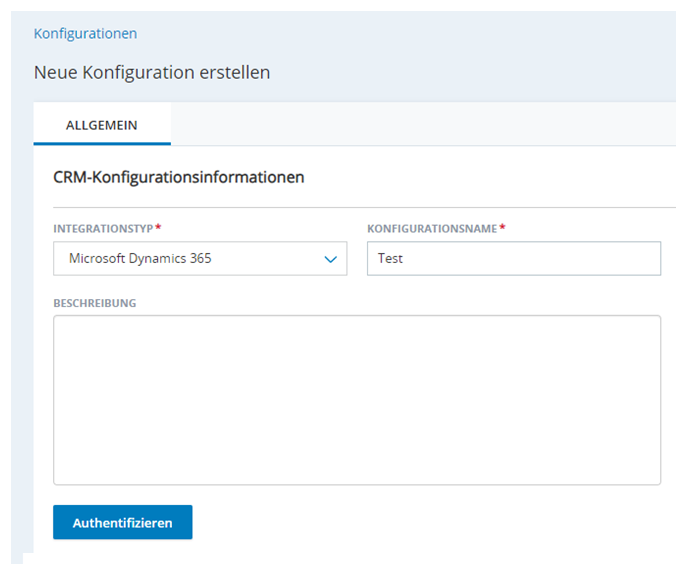 Die Seite Neue Integration erstellen in Agent-Integrationen mit Feldern für Integrationstyp, Konfigurationsname und Beschreibung.
