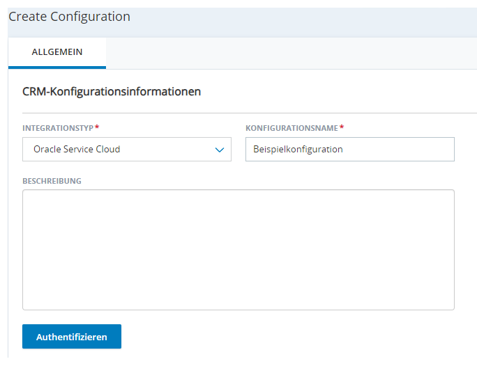 Die Seite Konfiguration erstellen in Agent-Integrationen mit Feldern für Integrationstyp, Konfigurationsname und Beschreibung.