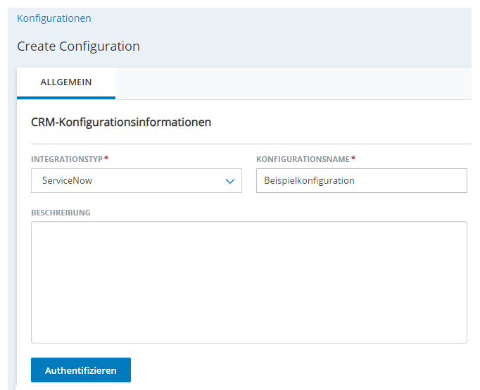 Die Seite Neue Integration erstellen in Agent-Integrationen mit Feldern für Integrationstyp, Konfigurationsname und Beschreibung.