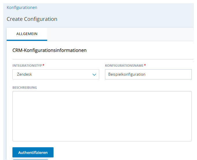 Die Seite Neue Integration erstellen in Agent-Integrationen mit Feldern für Integrationstyp, Konfigurationsname und Beschreibung.