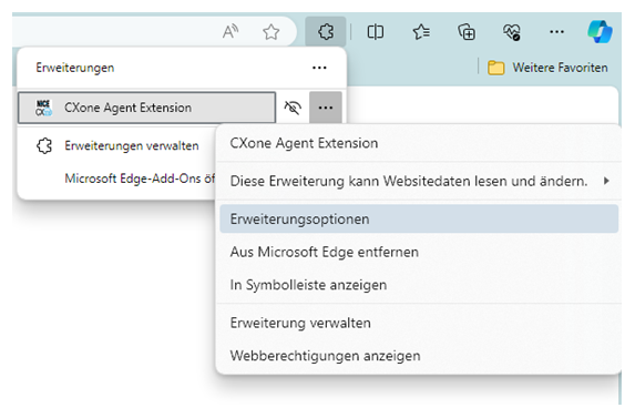 Das Optionenmenü (Symbol von drei Punkten) neben Agent Browser Extension wurde angeklickt. Ein weiteres Pop-up zeigt die Option für "In Symbolleiste anzeigen" an.