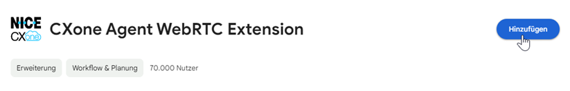 Die Agent WebRTC Extension im Chrome Web Store. Der Cursor befindet sich über der Schaltfläche Zu Chrome hinzufügen.