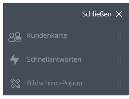 Das obere Menü wird in grauer Schrift angezeigt. Das Beispiel listet Customer Card, Schnellantworten und Bildschirm-Popups auf.