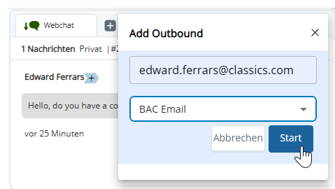 Auf „Ausgehend hinzufügen“ wurde geklickt. Im angezeigten Popup hat der Agent eine E-Mail eingegeben und eine Fähigkeit ausgewählt.