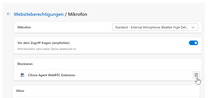 Agent WebRTC Extension ist unter Blockieren aufgeführt. Der Cursor befindet sich über dem Symbol Entfernen in Form eines Papierkorbs.