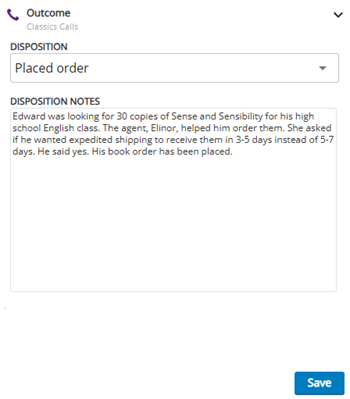Das Ergebnisfenster zeigt ein Dropdown-Menü für die Disposition, ein Textfeld für Dispositionsnotizen und eine Schaltfläche „Speichern“.