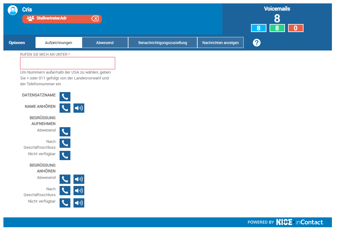 Die Seite Attendant zeigt oben die Meldung, dass ein Administrator sich als der angemeldete Benutzer ausgibt.