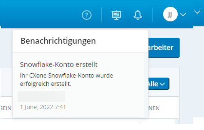Screenshot einer Benachrichtigung zur Snowflake-Kontoerstellung in CXone.