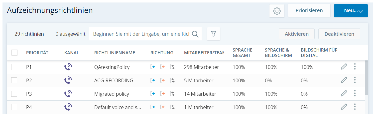 Screenshot mit Beispielen für Aufzeichnungsrichtlinien