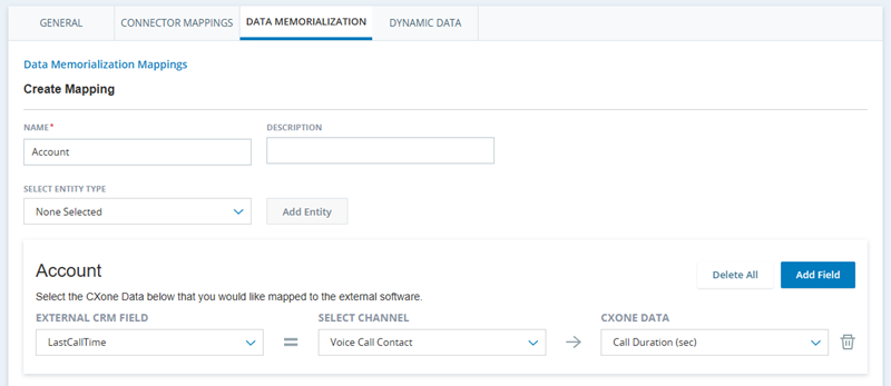 Auf der Registerkarte Datenverknüpfung in Agent-Integrationen ist in der Drop-down-Liste CXone-Daten die Option Anrufdauer (Sek.) ausgewählt.
