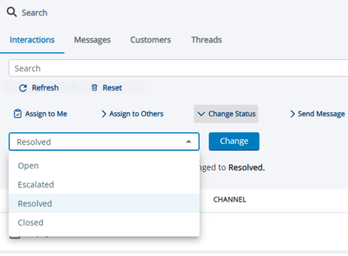 In Suche> Interaktionen ist eine Interaktion ausgewählt und es wurde auf Status ändern geklickt. Eine Drop-down-Liste mit der Schaltfläche Ändern daneben wird eingeblendet.