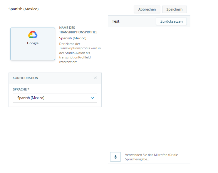 Die Eigenschaftsseite für ein Transkriptionsprofil, auf der Sie die Sprache ändern und das Profil testen können.