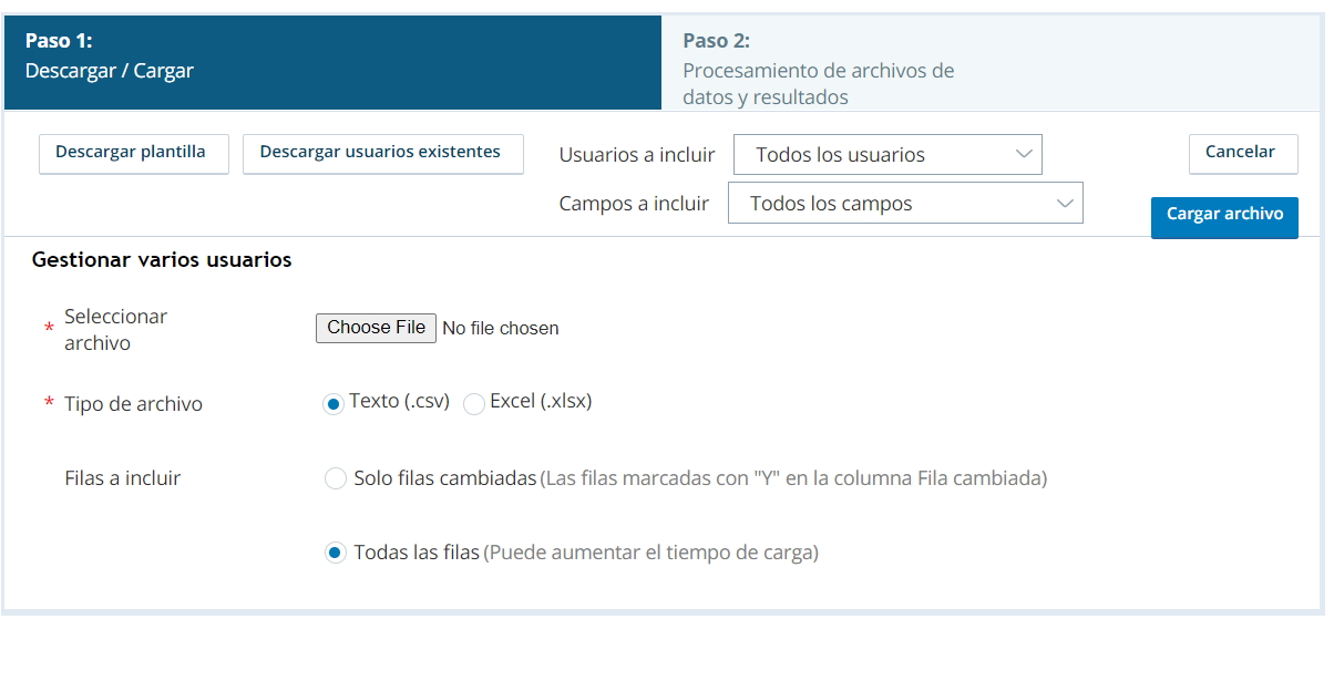 Captura de pantalla de la página de carga masiva del usuario central
