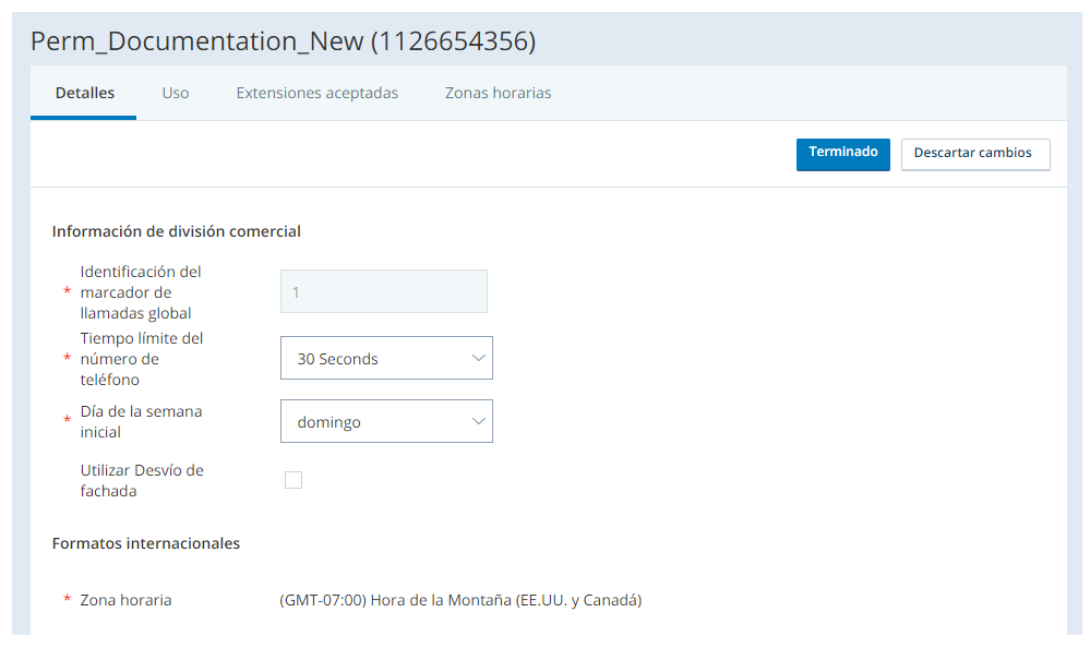 Captura de pantalla de las secciones Información de la unidad de negocio y Formatos internacionales de la pestaña Detalles de la unidad de negocio