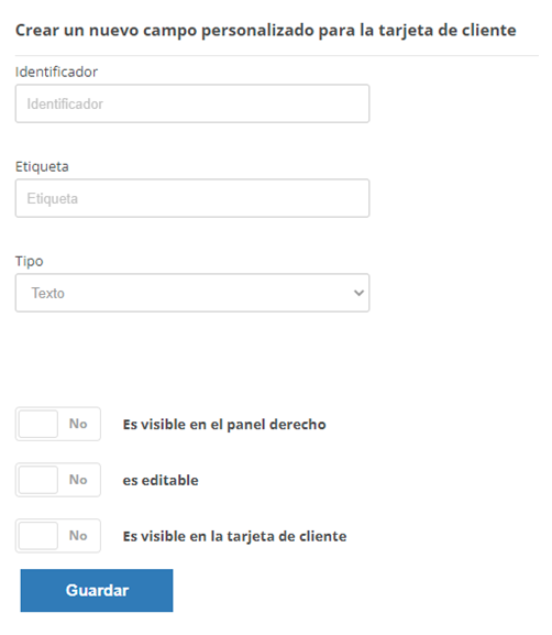 La página donde puede agregar un campo personalizado para tarjetas de cliente.