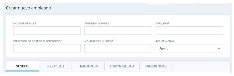 Captura de pantalla de la pestaña General de la página Editar perfil del empleado.