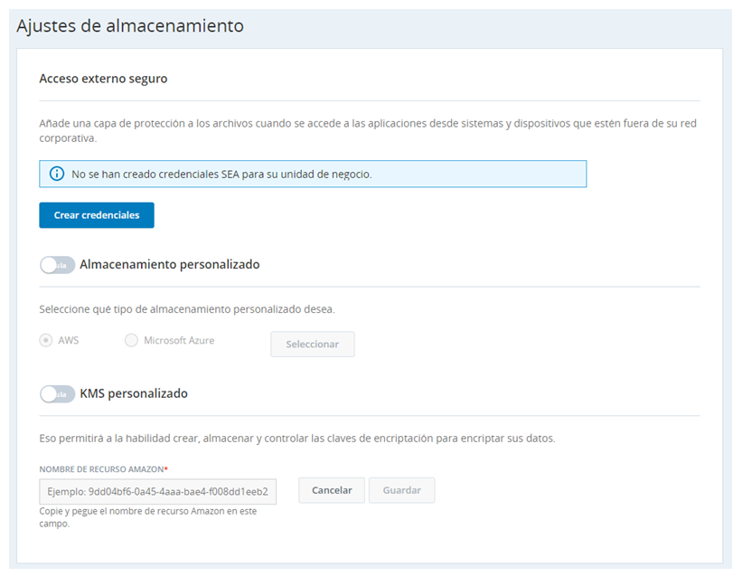 La página Configuración de almacenamiento, donde puede habilitar KMS personalizado.