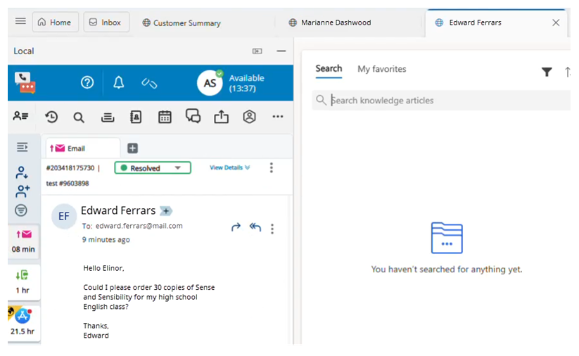 En Microsoft Dynamics, se selecciona la sesión de Edward. En Agent Embedded, se abre el correo electrónico de Edward.